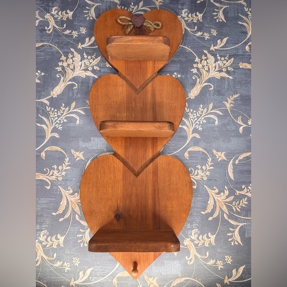 Vintage Other - Vintage Heart Wood Wall Shelf 3 Tier Display Shelf with Peg Cottage Decor